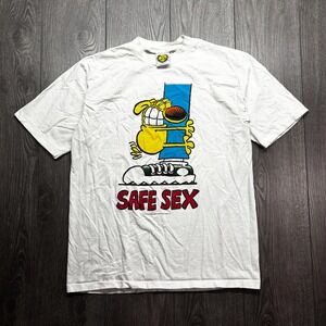 Vintage Safe Sex Grimmy Funny 1990s Dog Shirt Large White Single Stitch Cartoon